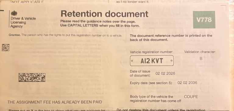 Private number plate on retention document 