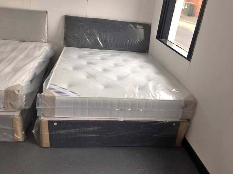 NEW YEAR SALE ~~ Double Fabric Divan Bed Base With Mattress & Storage Drawers Order Now 