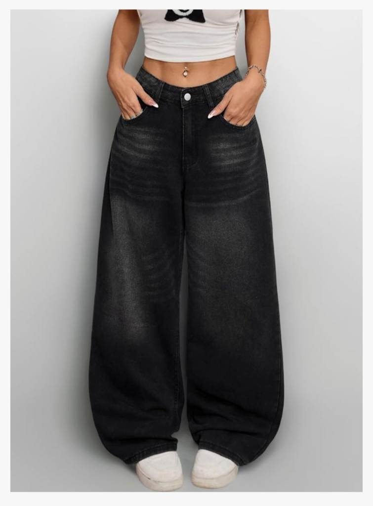 OYICAI Wide Leg Baggy Jeans Black Y2K Vintage Denim Trousers Size Medium - Black.