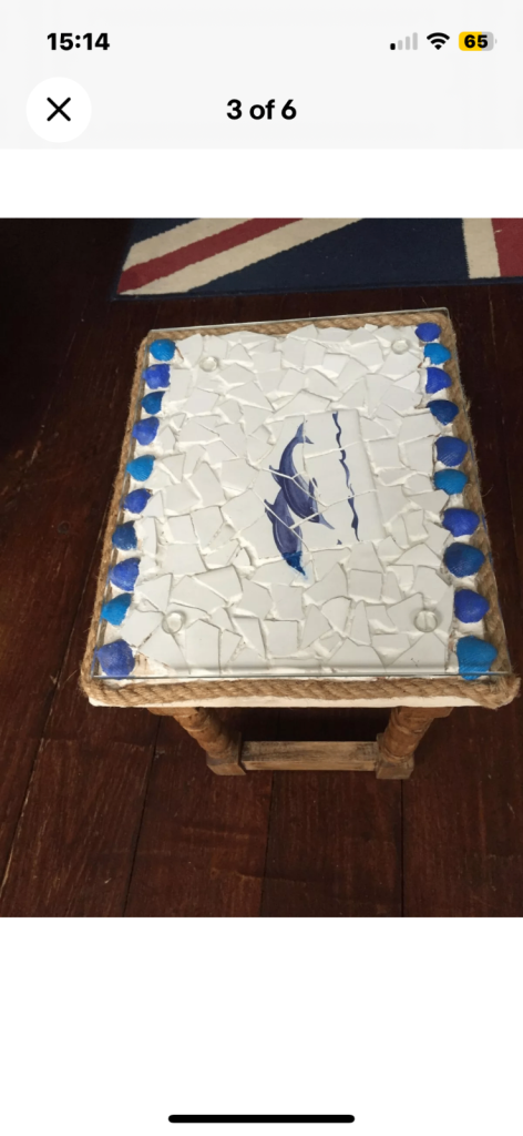 wooden small coffee/bedside table, decorative shells, hand made dolphins mosaic