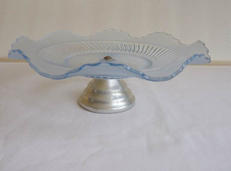 Vintage Blue Glass Cake Stand with Metal Base – Good Condition
