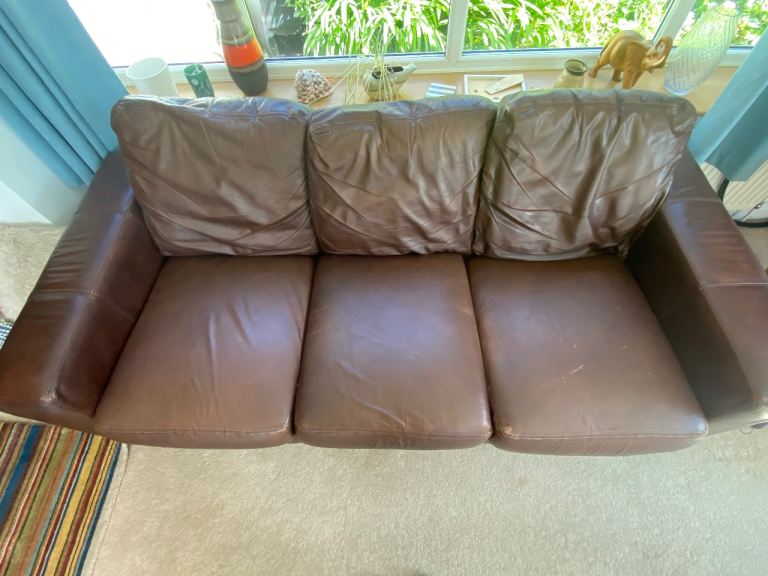 Three-Seater Brown Leather Sofa – Good Condition
