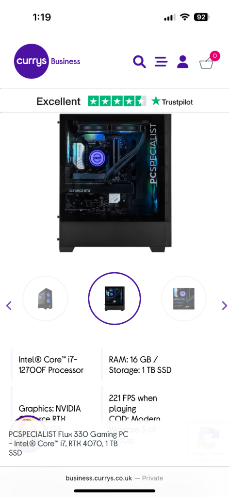 Gaming pc 1x PCSPECIALIST - Flux 330 Gaming PC - Intel® Core™ i7, RTX 4070, 1 TB SSD,