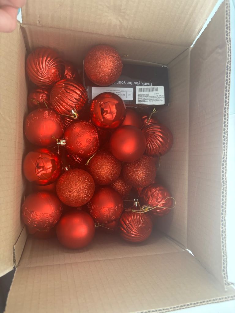Box of Red Christmas Baubles with LED Lights and Tree Stand