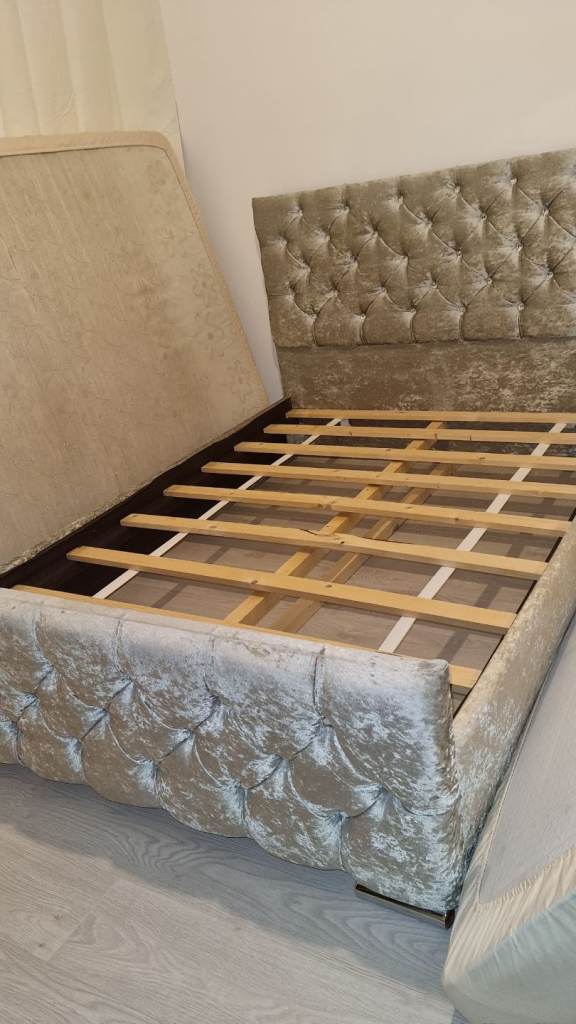 Double Bed Frame Gray Velvet With Diamond Design