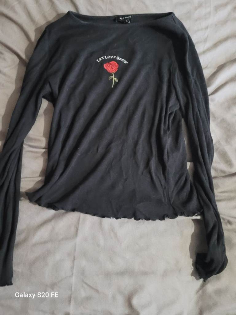 USED New Look Black Rose Lettuce Hem Long Sleeve Top UK 12 | Open to Offers!