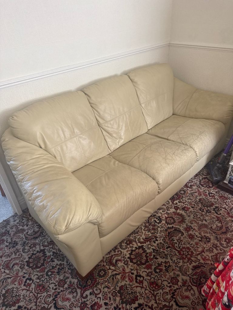 Cream Leather Three-Seater Sofa