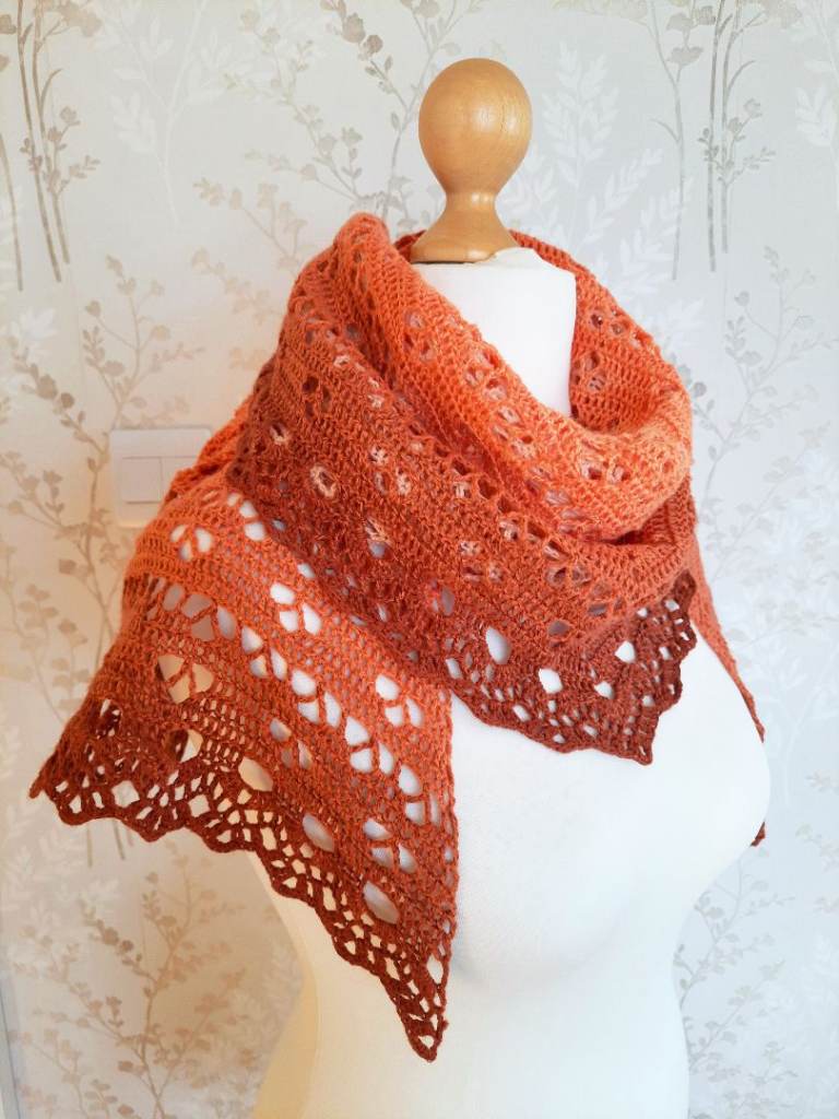 Gradient Knitted Shawl. Lace Shoulder Wrap. Crochet Shrug / Cover Up. Boho Ombre, Warm Autumn Hues