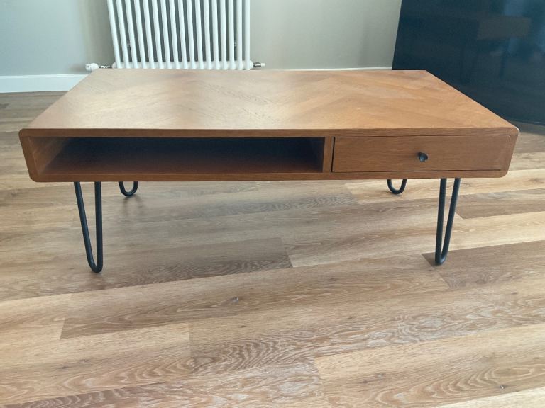 John Lewis Walnut Coffee Table with Hairpin Legs and Drawer W 55cm x L 105 cm x H 41cm