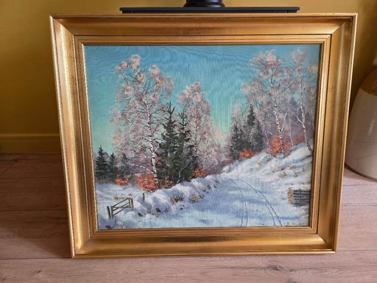 Oil Painting Otto Eilertsen Danish Arist (1908-1972) Sled Tracks In The Snow