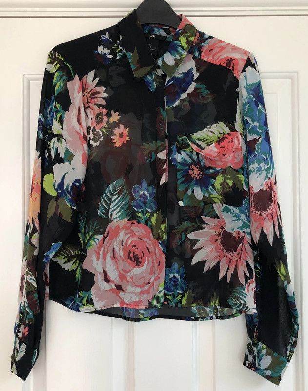 H&M chiffon shirt black background / bold bright florals, EUR 34 / 6 VGC