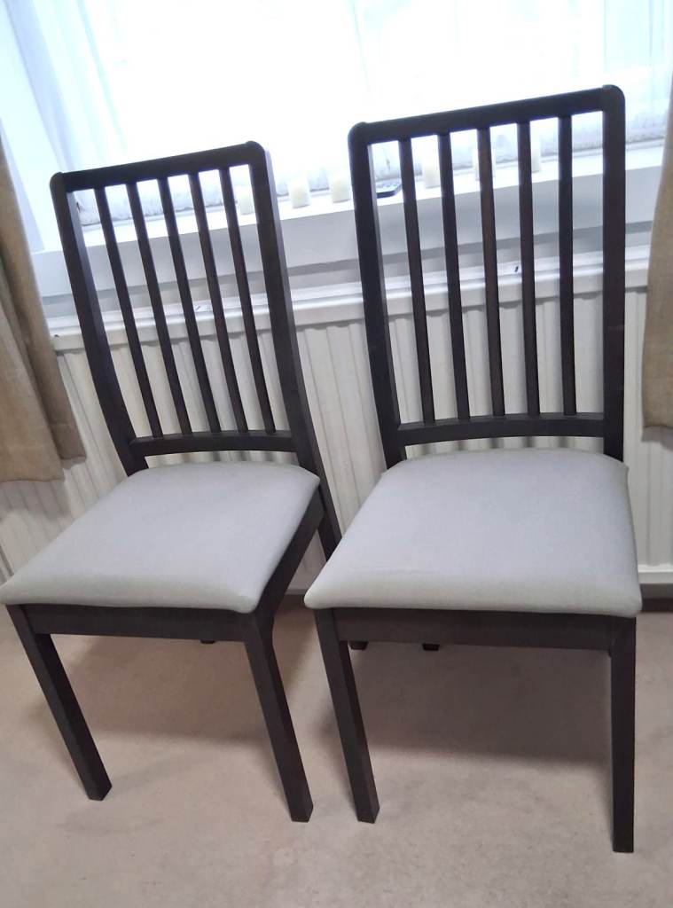 2 DARK BROWN/ IKEA SOLID WOOD CHAIRS WITH GREY COVERS/ ORIGINAL PRICE £100