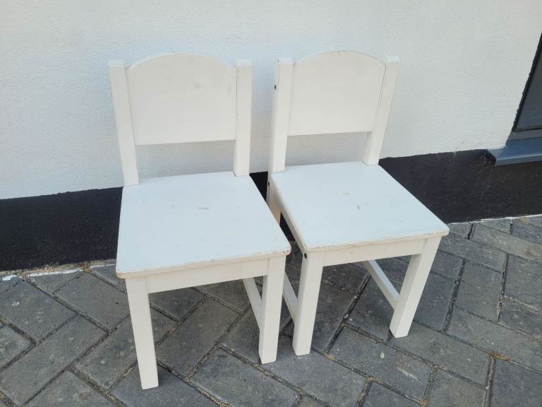 2 white Preschool Nursery school age wooden chairs