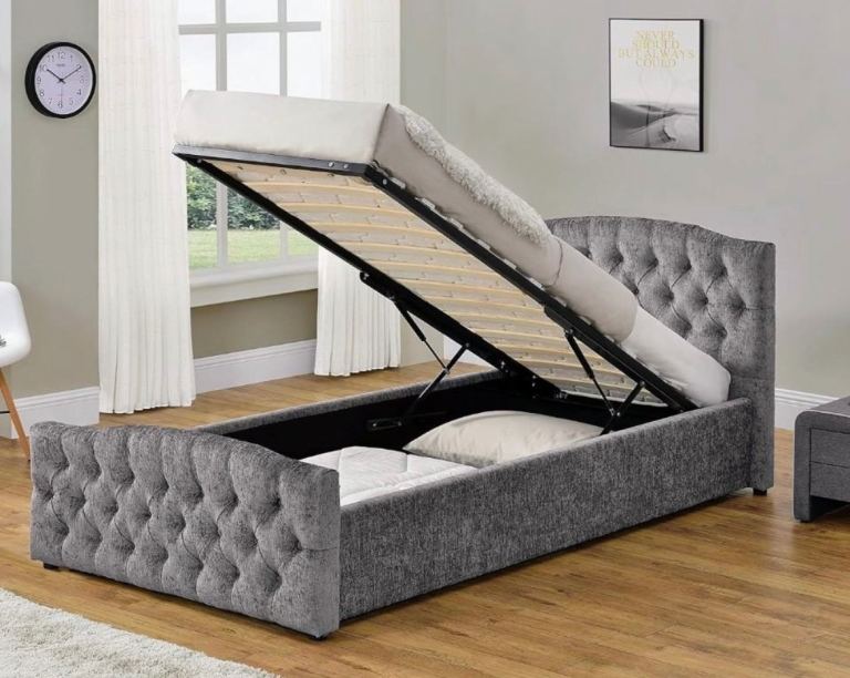 Chesterfield grey fabric single ottoman storage bed frame 