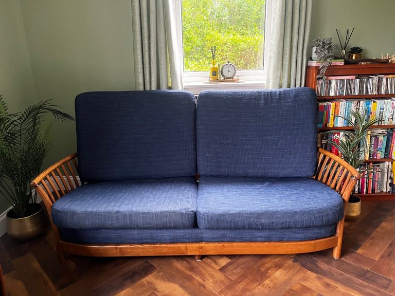 Ercol Renaissance Wooden Sofa with Blue Cushions