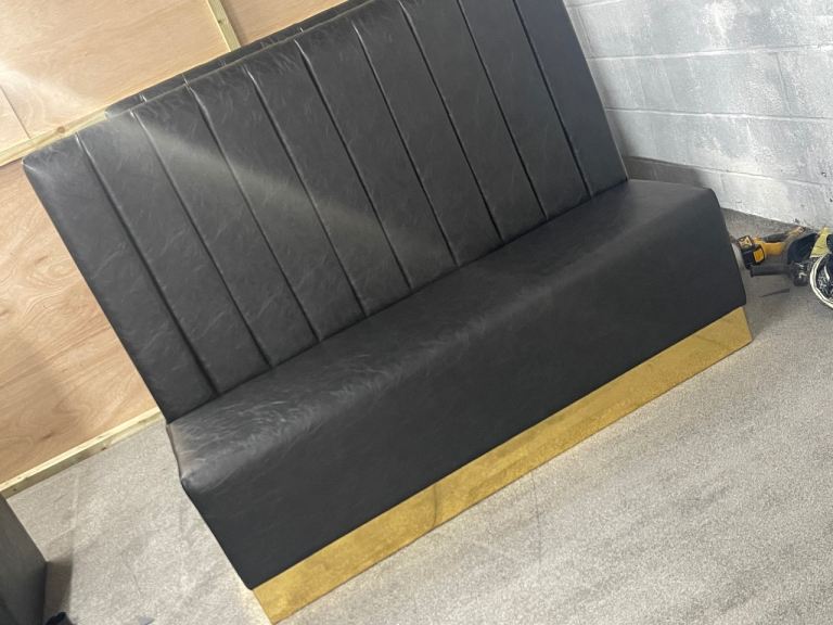 Sofa, booth, table, chairs, barber shop seating 