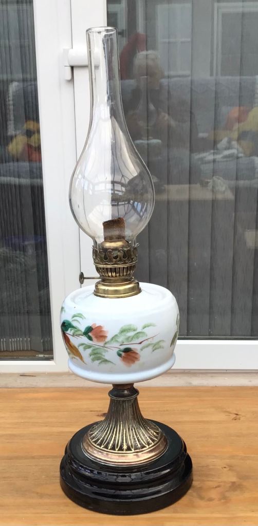 image for  Antique Brass & Hand Painted Ceramic Single Burner Oil Lamp with Glass Funnel