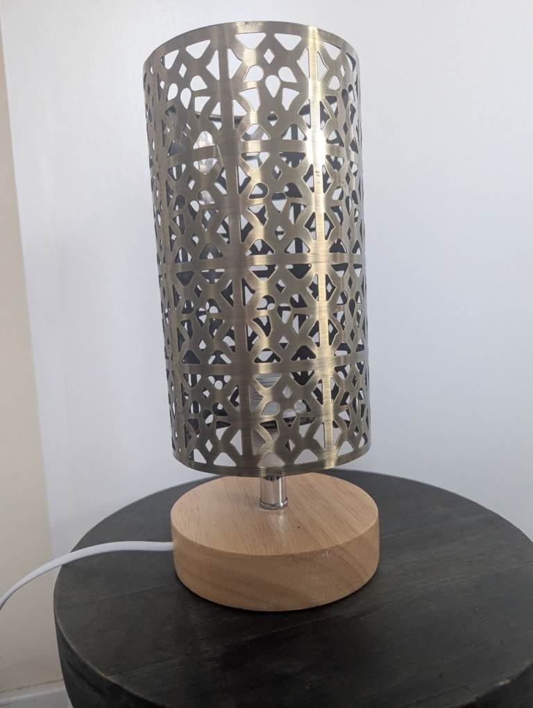 Beautiful Table Lamp with Wooden Base and Gold Metal Shade