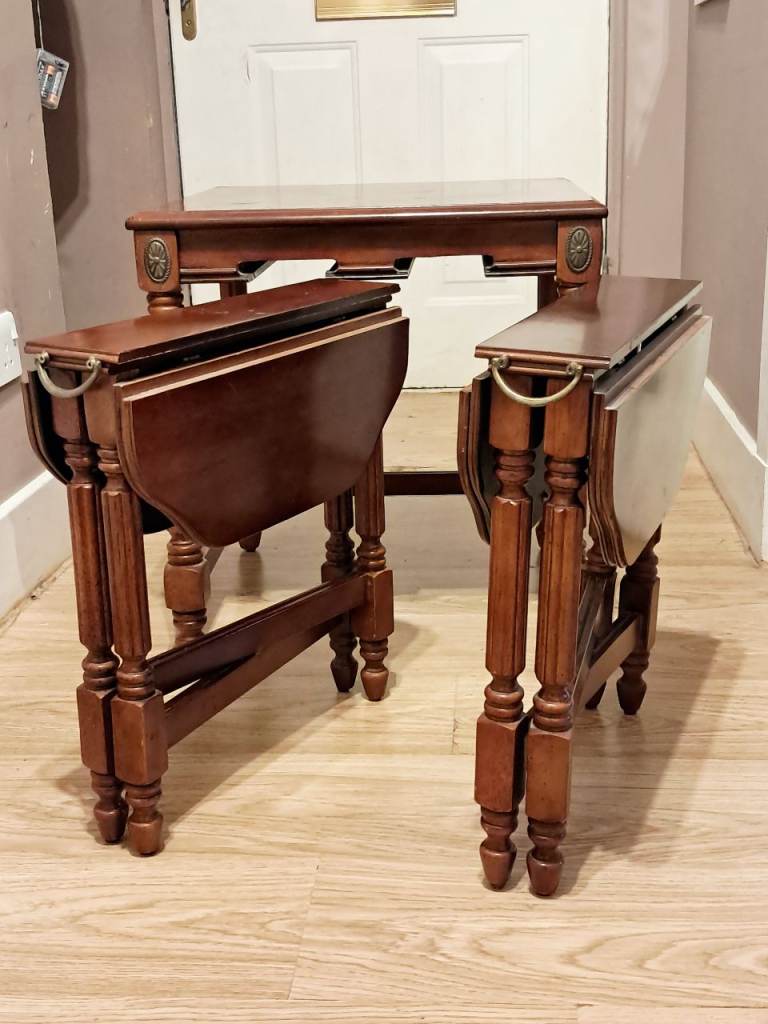 Description: All MEASUREMENTS ON PICTURES   Regency, Antique style nest of three walnut tables