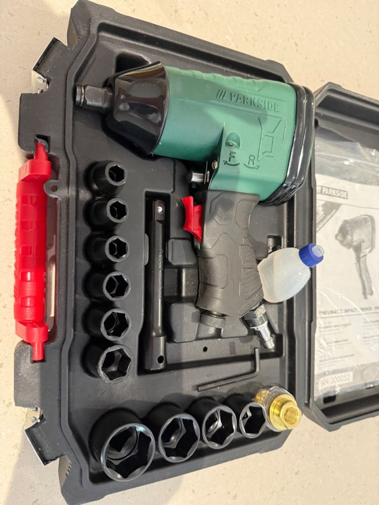 Parkside ½” air powered impact wrench with case and tools