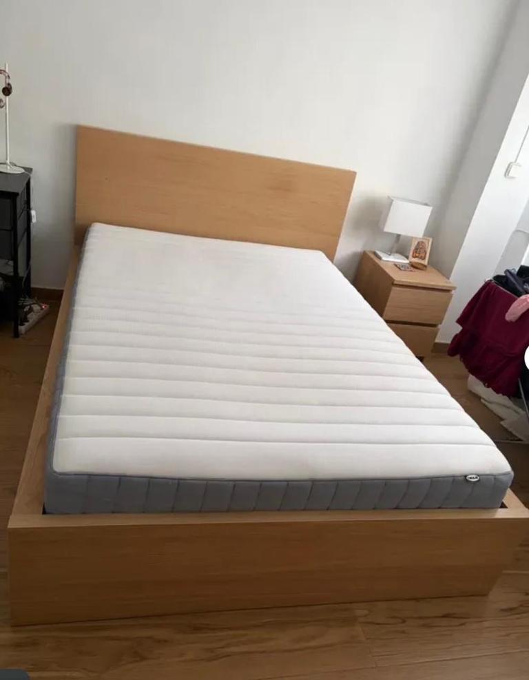 Wooden Double Bed Frame with Mattress – Good Condition