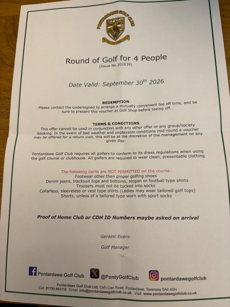 Round of golf for 4 people @Pontardawe Golf Club