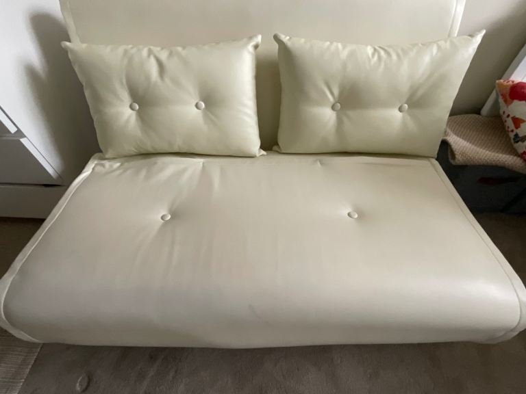 Cream Faux Leather Sofa Bed Futon – Good Condition