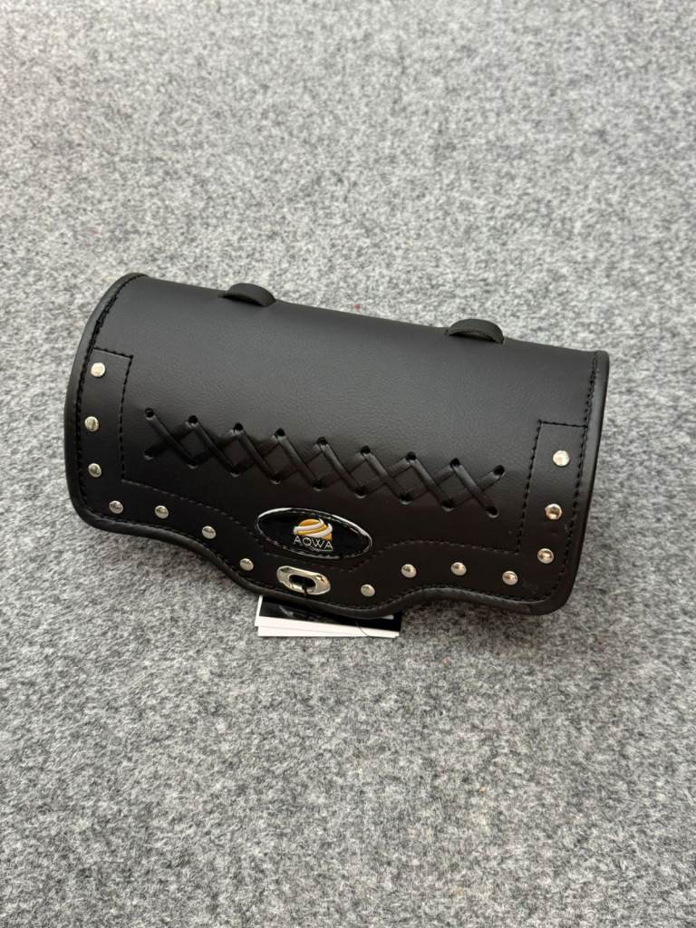 Motorcycle Tool Bag – Black Leather Cylinder with Studs & Front Clasp