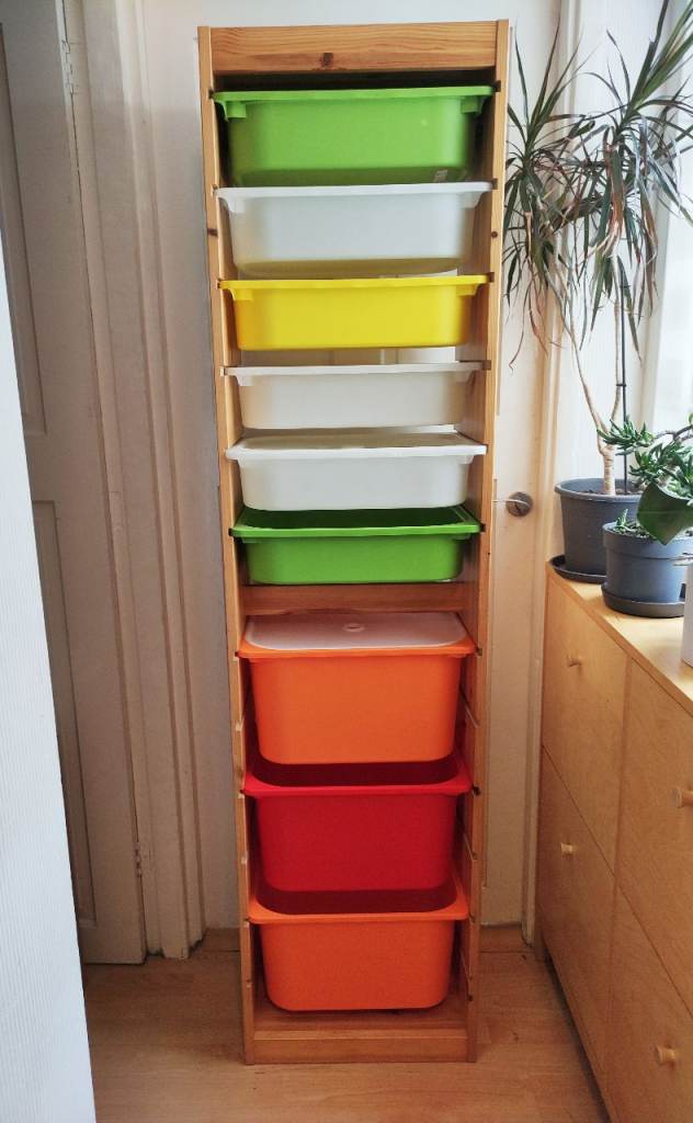 IKEA TROFAST wooden storage unit with Multicoloured Plastic Bins