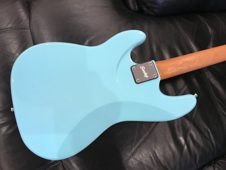 Fazley Sunset Series Piranha 4 Sky Blue Electric Bass Guitar with Gig Bag, new!