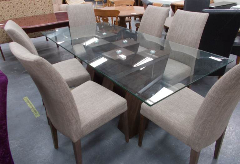 Glass Top Dining Table with 6 Upholstered Chairs 00050A