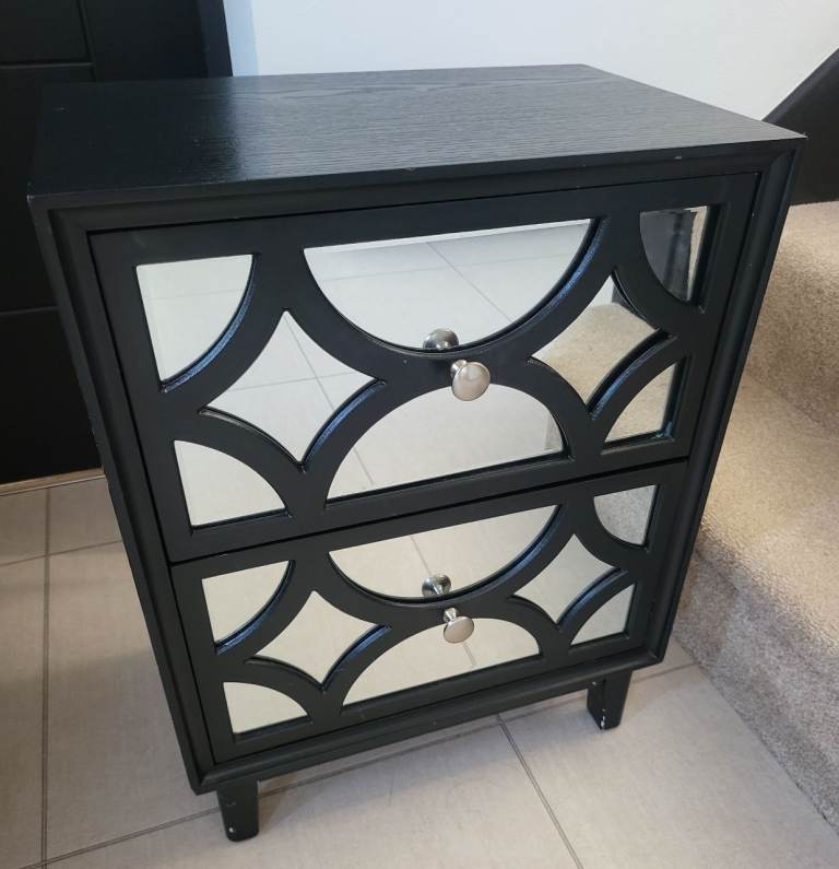 Black Mirrored Bedside Table with 2 Drawers - Good Condition