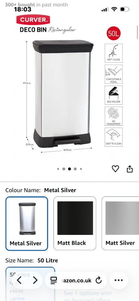 CURVER Metal Effect 70% Recycled Kitchen Pedal Touch Deco Bin 50 Litres - Silver
