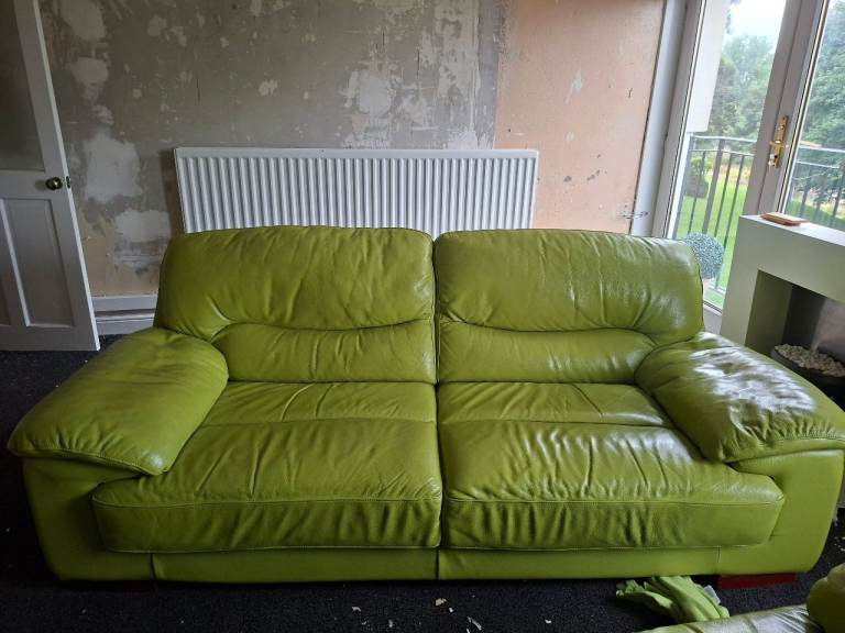 Lime Green Leather Sofa and Footstool – Good Condition