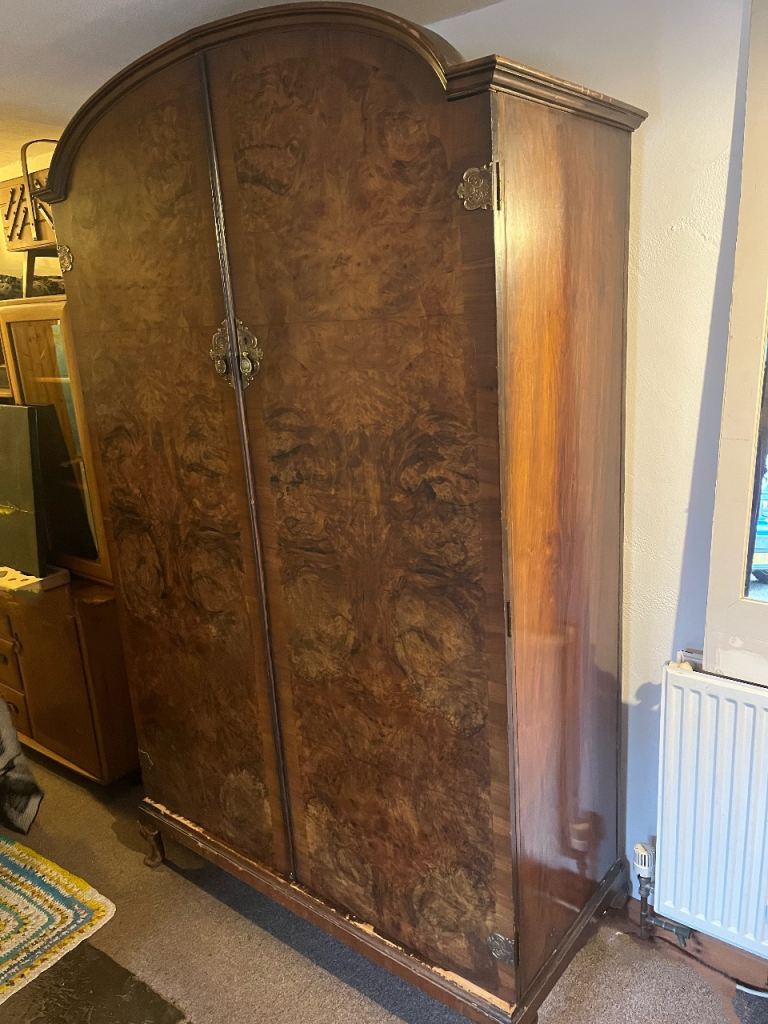 Vintage Walnut Wardrobe with Ornate Brass Fittings 