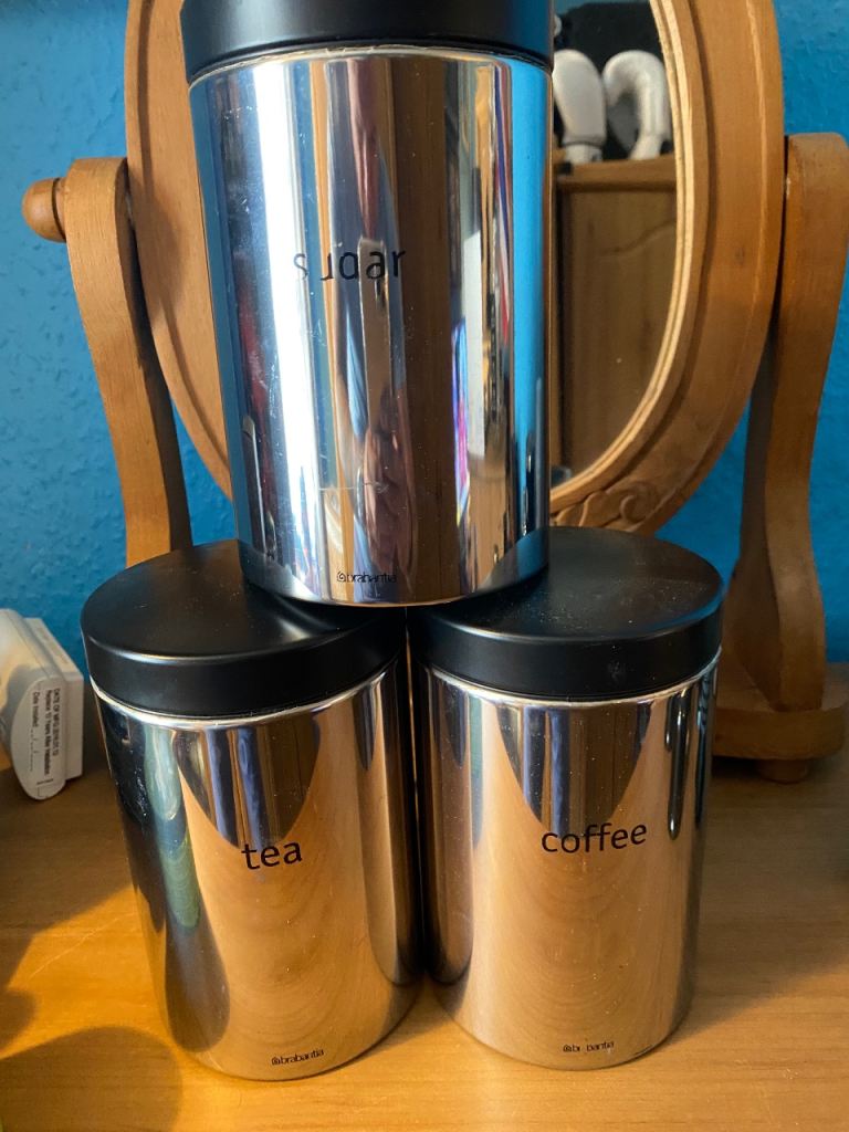Brabantia Tea, Coffee, Sugar Canisters – Silver, Good Condition