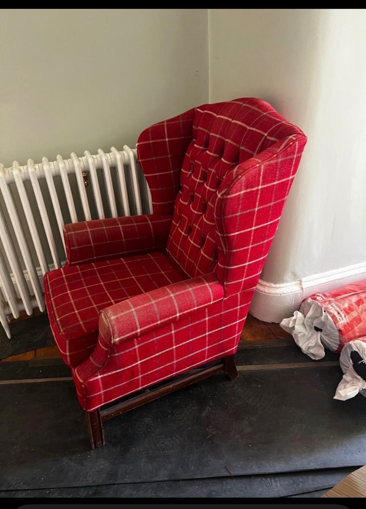 Red tartan Wingback Armchair – Good Condition