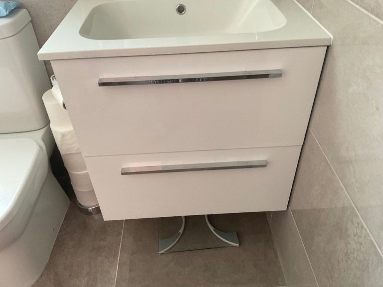 SOLD PENDING COLLECTION - White Bathroom Sink and Vanity Unit with Two Drawers – Good Condition