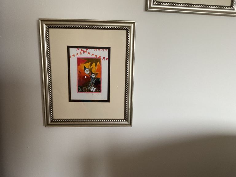 ROSINA WACHTMEISTER CATS. Two Framed Wall Art Pictures - Silver Frames