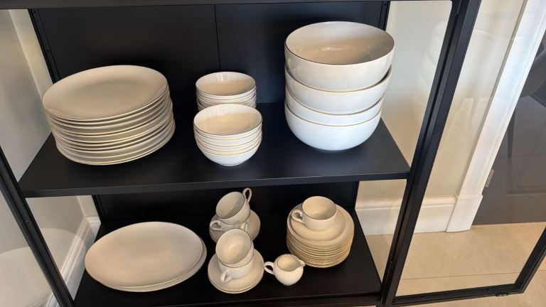 Lovely White Dinnerware Set with Gold Rim – As Good As New