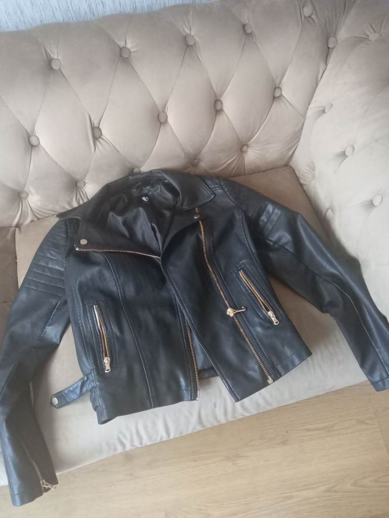 Black Leather Biker Jacket with Gold Zips – Good Condition