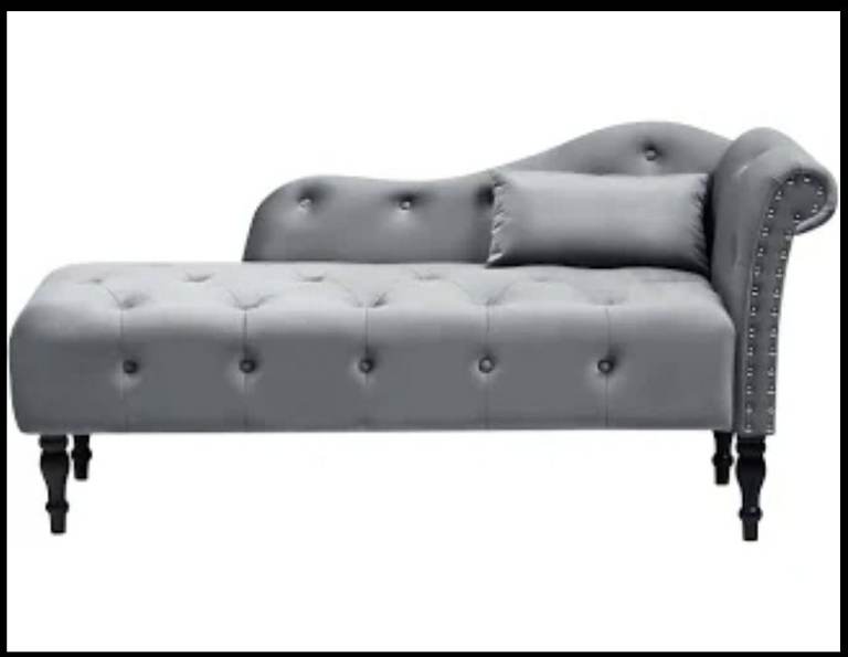 Grey Velvet Chaise Lounge with Cushion – Good Condition