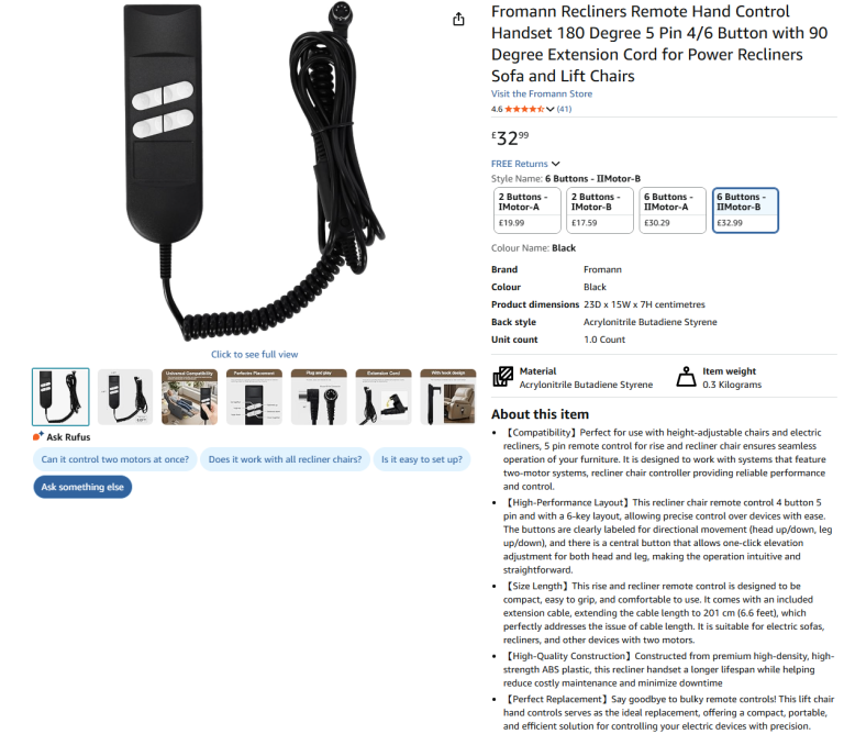 Recliners Remote Hand Control Handset 180 Degree 5 Pin 6 Button || Brand new 50% off price 