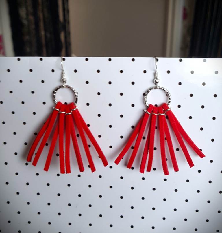 Handmade red tassel earrings boho summer fun look