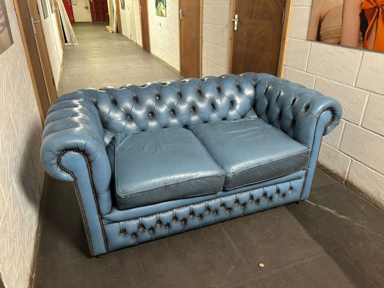 Blue Leather Chesterfield style sofa  