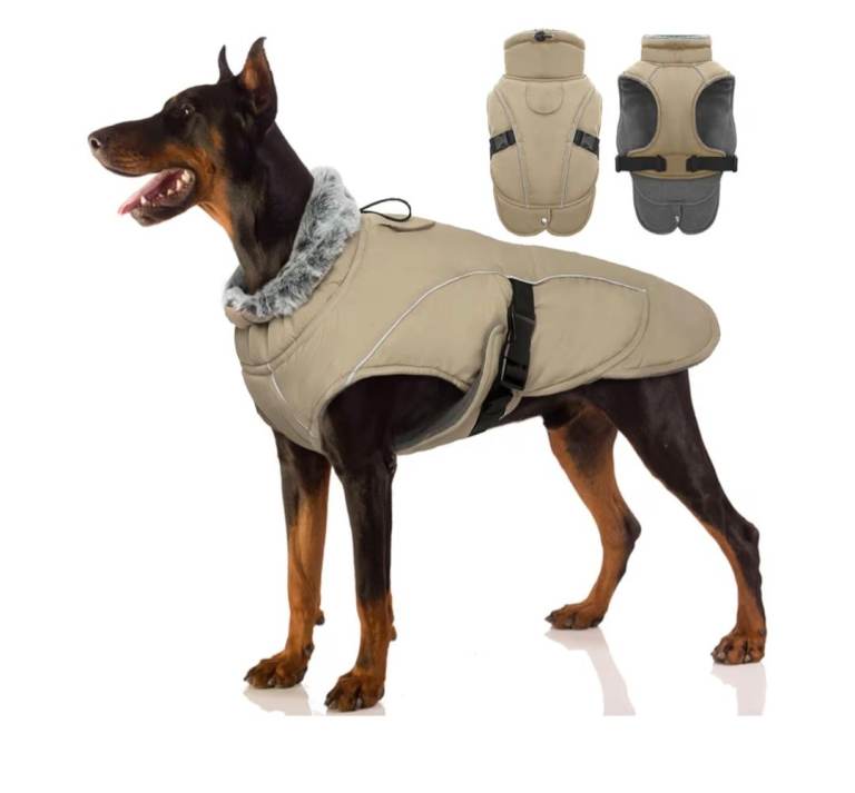 Pumyporeity Dog Coat Waterproof, Winter Jacket Reflective Strips Harness Hole Size Large - Khaki.