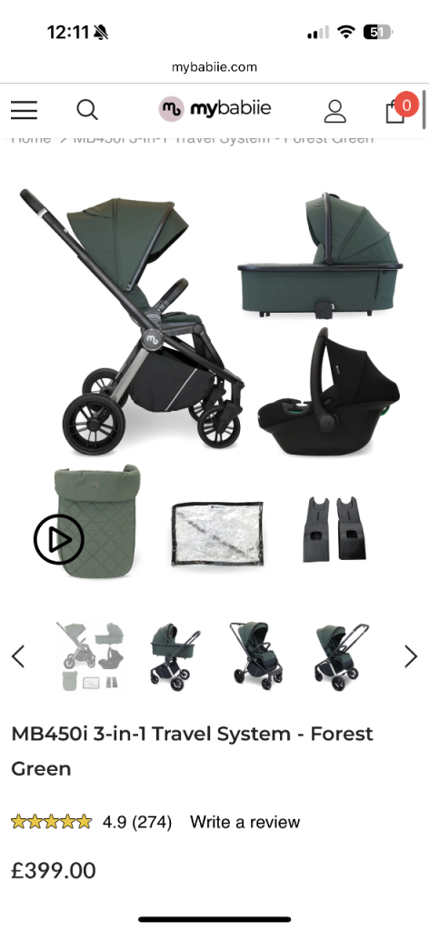 My Babiie MB450i 3-in-1 Travel System – Forest Green, New