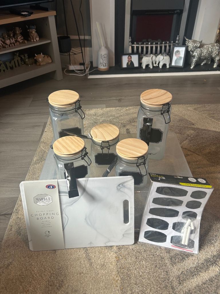 Set of 5 Glass Storage Jars with Wooden Lids & Extras
