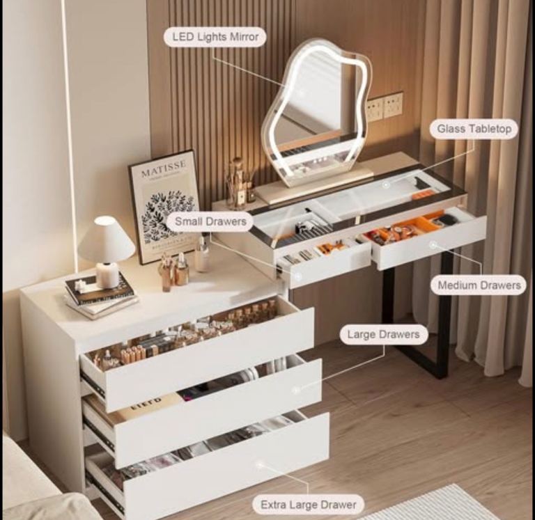 BROTTAR Vanity Dressing Table LED Mirror L-Shape Glass Top 5 Drawers Used Good