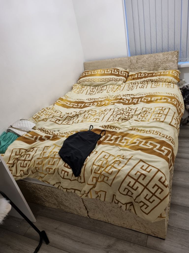 Gold Double Bed with Fabric Frame and Headboard